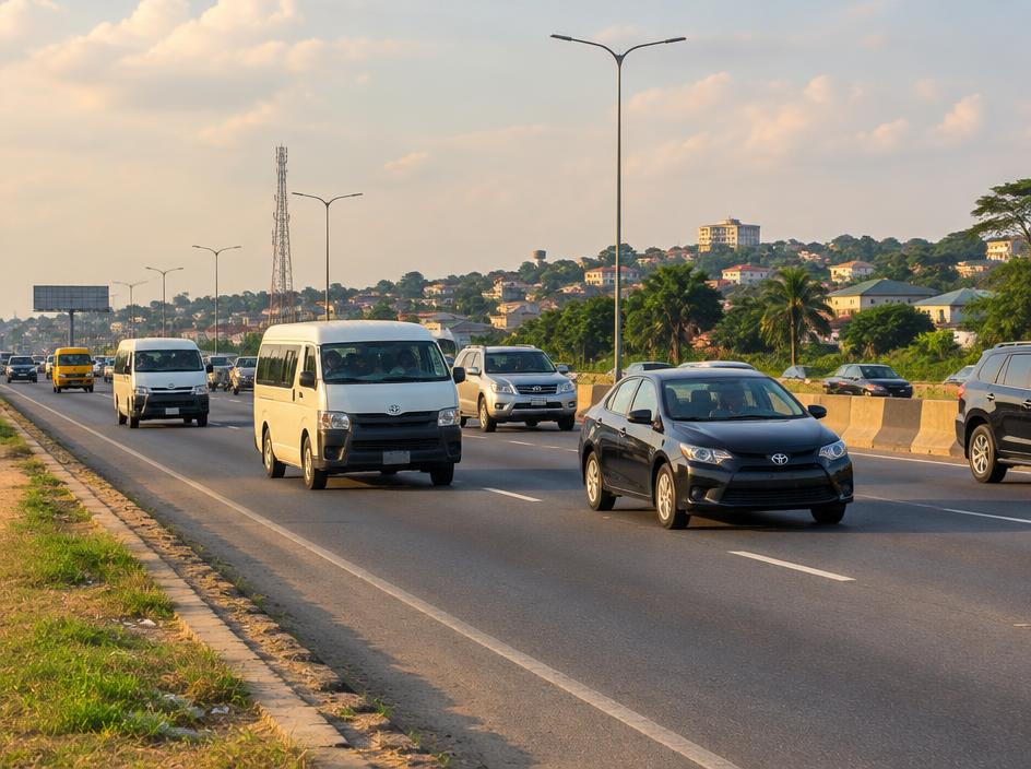 Highway with cars and passenger vans travelling between Nigerian cities